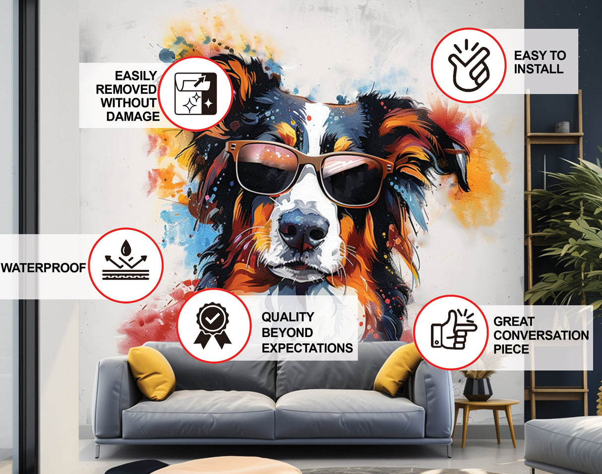 Bright Australian Shepherd Wearing Shades Wall Decal - Cheerful Watercolor Dog in Glasses Sticker