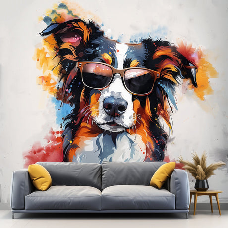 Bright Australian Shepherd Wearing Shades Wall Decal - Cheerful Watercolor Dog in Glasses Sticker