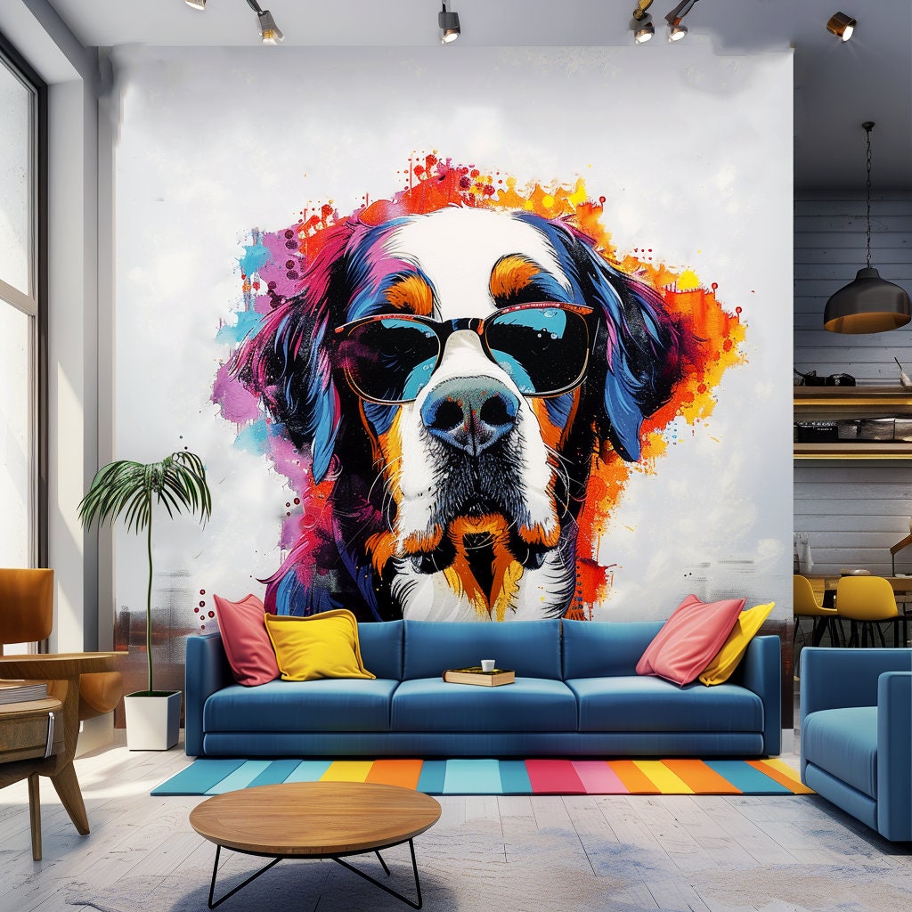 Colorful St. Bernard with Glasses Wall Decal - Bold Watercolor Bernese Mountain Dog Art Sticker