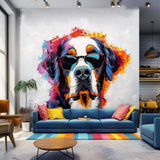 Colorful St. Bernard with Glasses Wall Decal - Bold Watercolor Bernese Mountain Dog Art Sticker