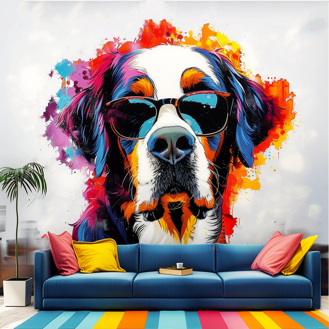 Colorful St. Bernard with Glasses Wall Decal - Bold Watercolor Bernese Mountain Dog Art Sticker