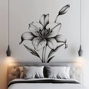 Elegant Monochrome Lily Flower Wall Decal displayed in a room setting.