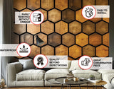 Hexagonal Wood Effect Wallpaper Sticker - Black Accent Adhesive Wall Decal, Rustic Wooden Honeycomb Decals for Modern Home Décor