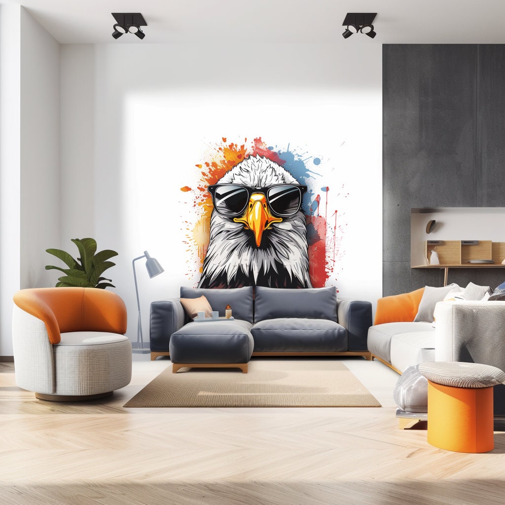 Serious Bald Eagle with Sunglasses Wall Sticker Decals - Cool Bird in Glasses Room Decor