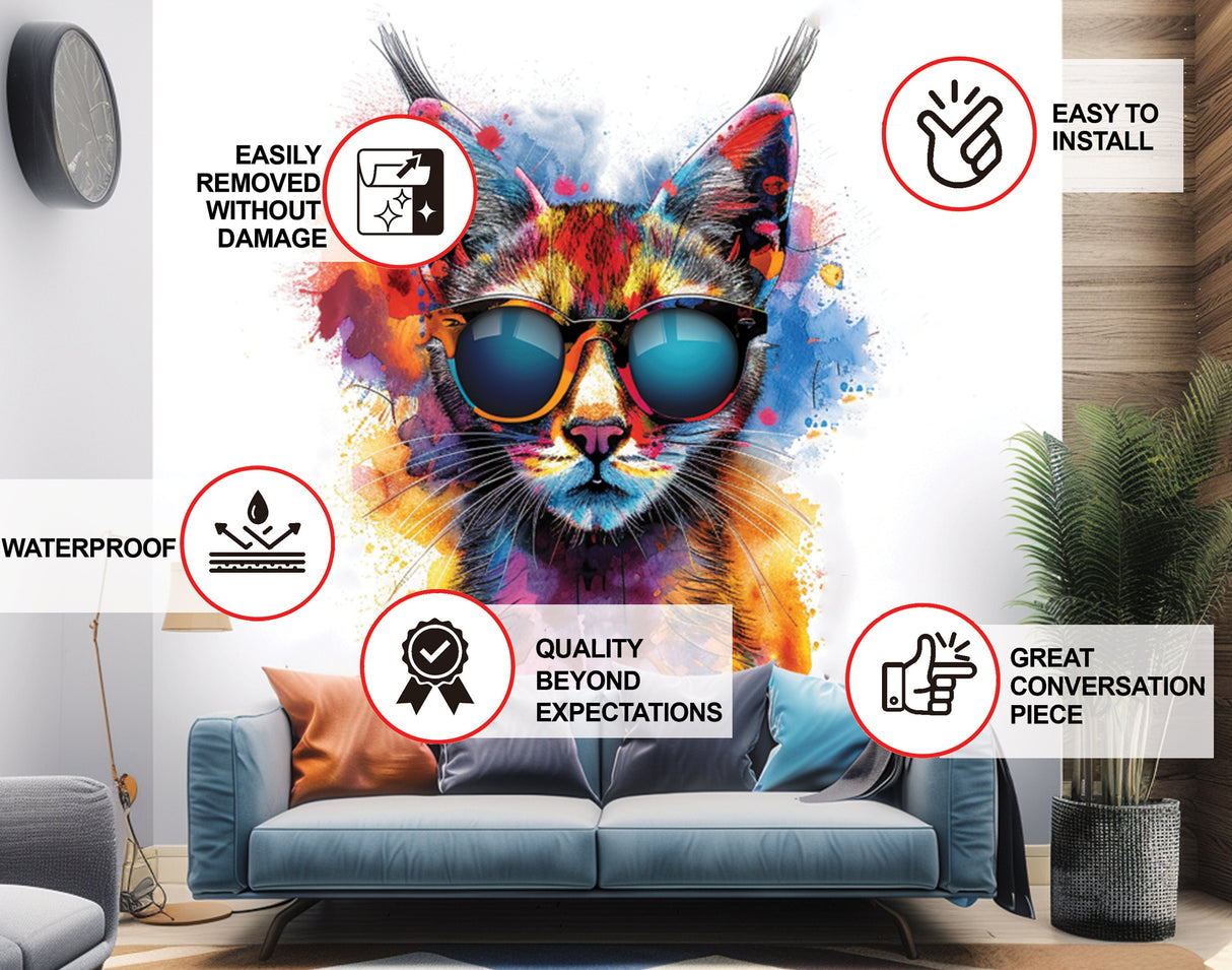 Vibrant Maine Coon Cat Wall Sticker with Sunglasses | Colorful Modern Kitten Art Decal | Artistic Kitty Decor | Unique Cat Lover Gift Idea