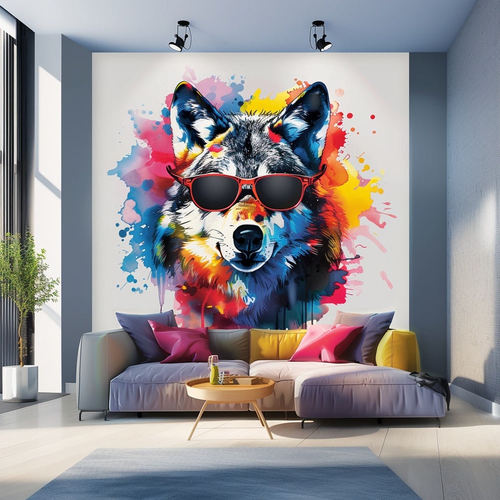 Watercolor Wolf Wall Sticker with Sunglasses - Modern Wolf Art Decal