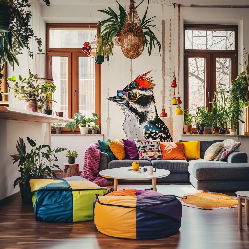 Downy Woodpecker Bird in Glasses Wall Sticker Decals - Colorful Art Style Room Decor