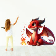 Cute Red Baby Dragon Wall Decal Sticker - Playful Fire-Breathing Dragon Wall Sticker for Kids Room