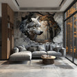 Realistic 3D Wolf Forest Wall Decal Sticker - Majestic Wolf Breaking Through Wall