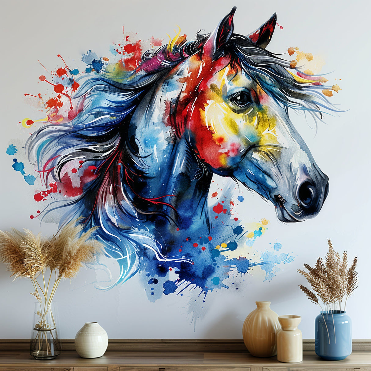 Vibrant Watercolor Horse Head Wall Decal Sticker - Artistic Animal Decor for Living Room, Creative Space