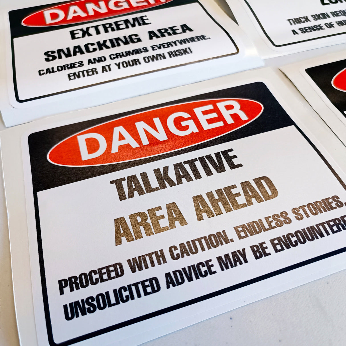 Humorous Danger Warning Label Decals | Funny Danger stickers for Office Kitchen | Witty Snacking, Sarcasm, Talkative, Coffee Area Signs