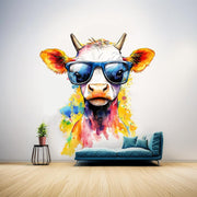 Baby Cow with Sunglasses Wall Decal displayed in a room setting.