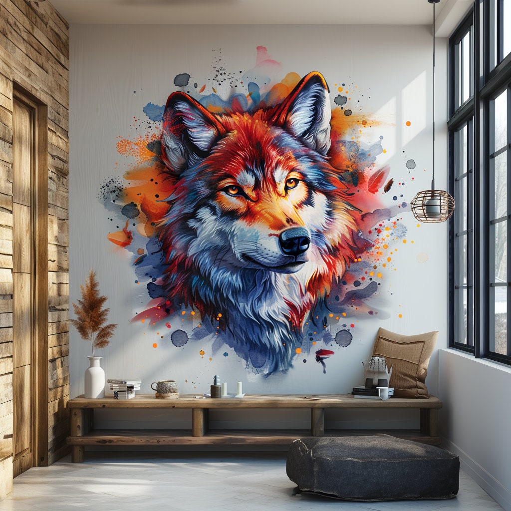 Vibrant Watercolor Wolf Head Wall Decal - Artistic Animal Sticker for Living Room, Bedroom, Creative Space