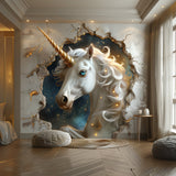 3D Fantasy Unicorn Wall Decal Sticker - Enchanted Unicorn Breaking Through Wall