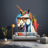 Colorful graffiti unicorn wall sticker with sunglasses, adding playful decor to modern interiors.