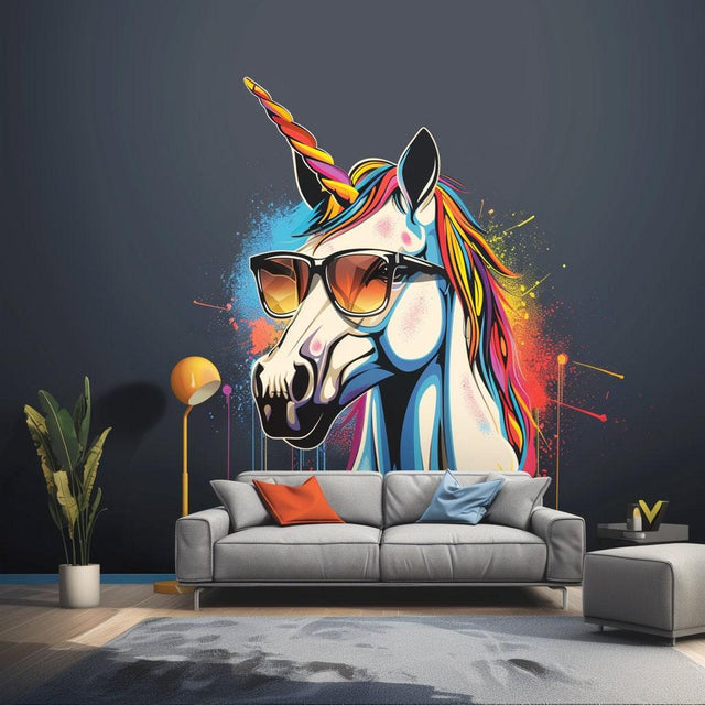 Colorful graffiti unicorn wall sticker with sunglasses, adding playful decor to modern interiors.