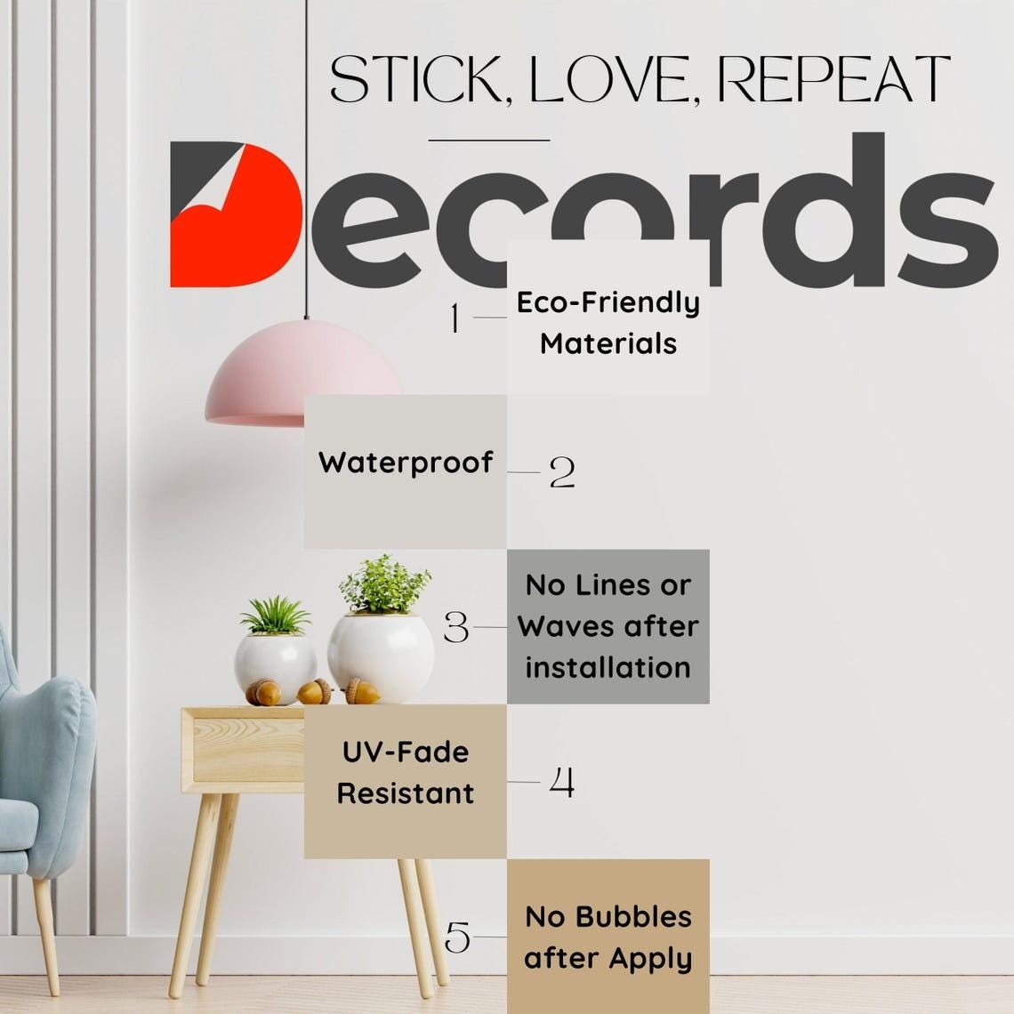 Infographic highlighting the benefits of eco-friendly wall decals: waterproof, no lines, UV-fade resistant, and more.