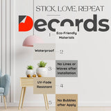 Infographic highlighting the benefits of eco-friendly wall decals: waterproof, no lines, UV-fade resistant, and more.