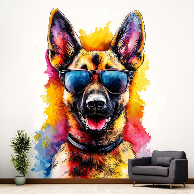 Vibrant German Shepherd Wall Sticker | Cute Dog Decal with Sunglasses | Colorful Puppy Wall Art | Pet Decor for Nursery | Fun Wall Decal