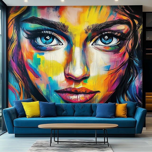 Vibrant Abstract Woman's Face Wallpaper Sticker | Large Wall Mural | Peel and Stick Vinyl Art Decal for Living Room, Office, or Lobby Decor