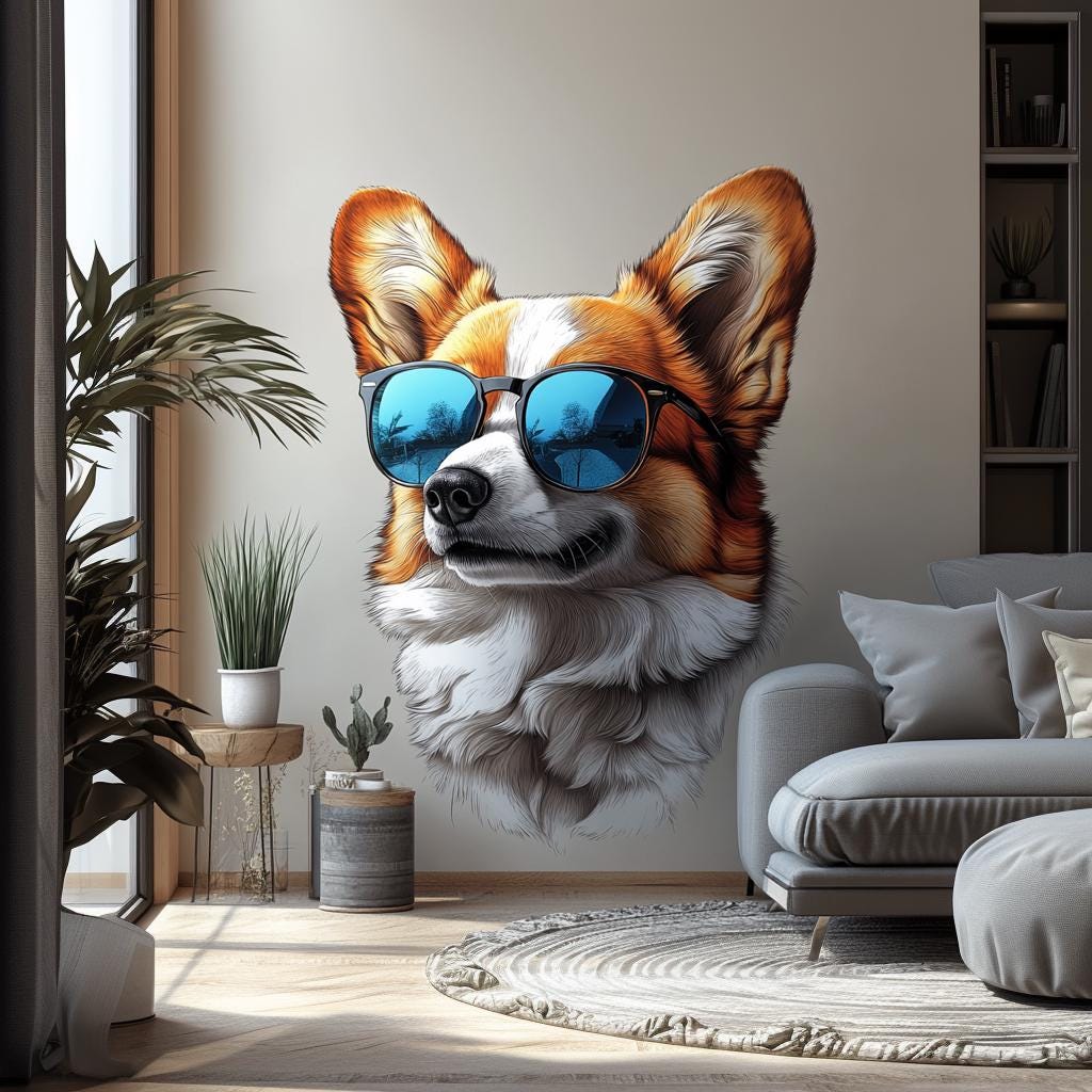 Cool Corgi with Sunglasses Wall Decal | Fun Dog Wall Art | Removable Pet Wall Sticker | Stylish Puppy Themed Room Decor for Kids Living Room