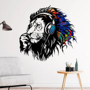 Colorful Lion Headphones Wall Sticker displayed in a room setting.