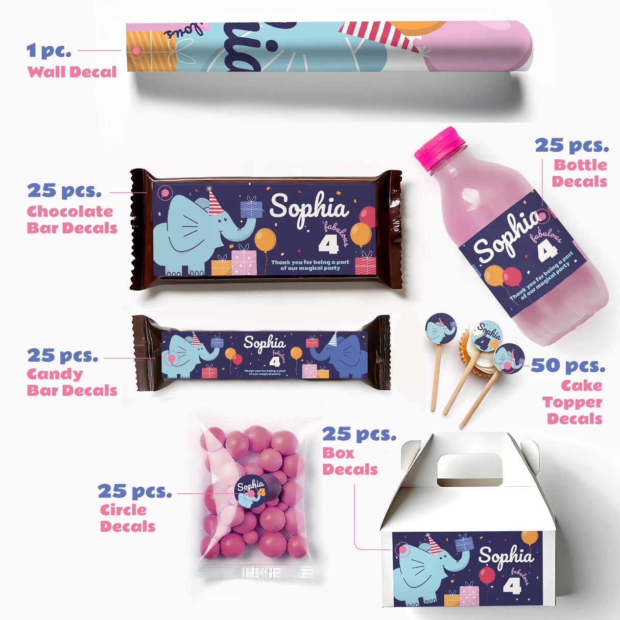 Personalized Elephant Birthday Party Decal Set | Custom Name Age Bottle Treat Decals | Cute Animal Theme | DIY Girls Party Decorations *!