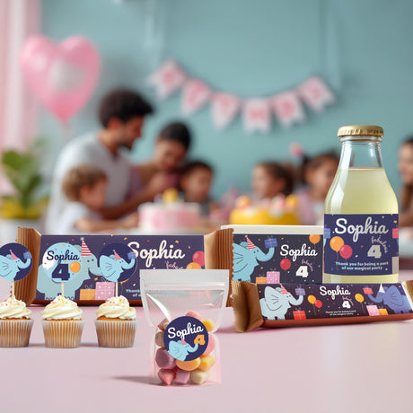 Personalized Elephant Birthday Party Decal Set | Custom Name Age Bottle Treat Decals | Cute Animal Theme | DIY Girls Party Decorations *!