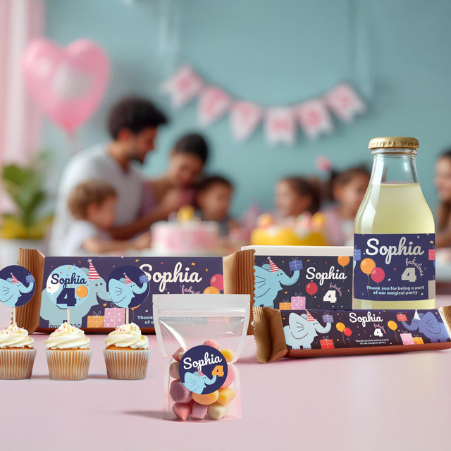 Personalized Elephant Birthday Party Decal Set | Custom Name Age Bottle Treat Decals | Cute Animal Theme | DIY Girls Party Decorations *!