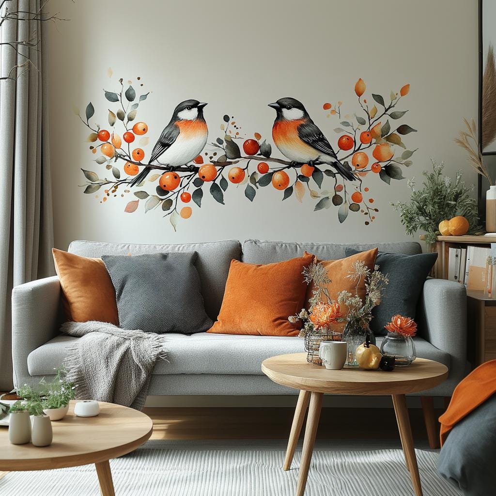 Autumn Bird Wall Decal | Fall Decor Wall Art | Nature-Inspired Bird Sticker | Cozy Living Room Decor | Botanical Mural with Orange Berries