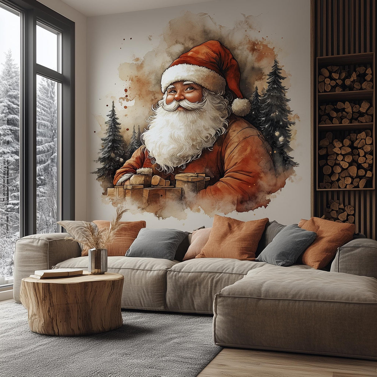 Classic Santa Claus Wall Mural | Rustic Christmas Decal | Cozy Holiday Wall Art | Santa with Gifts Sticker | Festive Woodland Scene