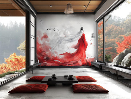 Elegant Asian-Inspired Wall Mural | Red & White Artistic Wallpaper | Large Wall Decor | Japanese Style Home Decor | Bold Statement Art