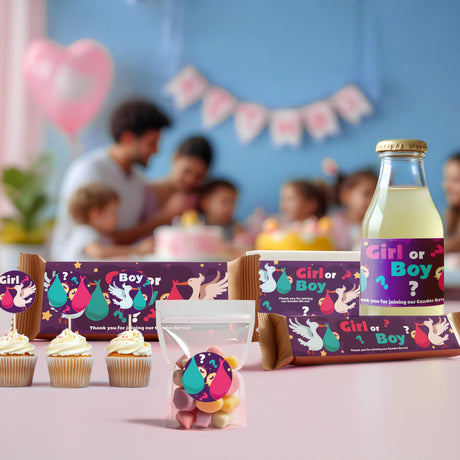 Gender Reveal Sticker Set | Personalized Boy or Girl Party Labels | Bottle, Chocolate, & Gift Box Stickers with Wall Decor *!