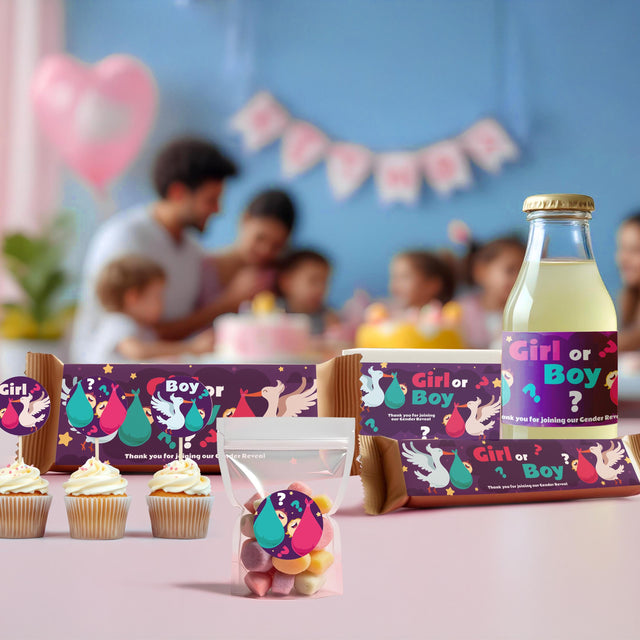 Gender Reveal Sticker Set | Personalized Boy or Girl Party Labels | Bottle, Chocolate, & Gift Box Stickers with Wall Decor *!