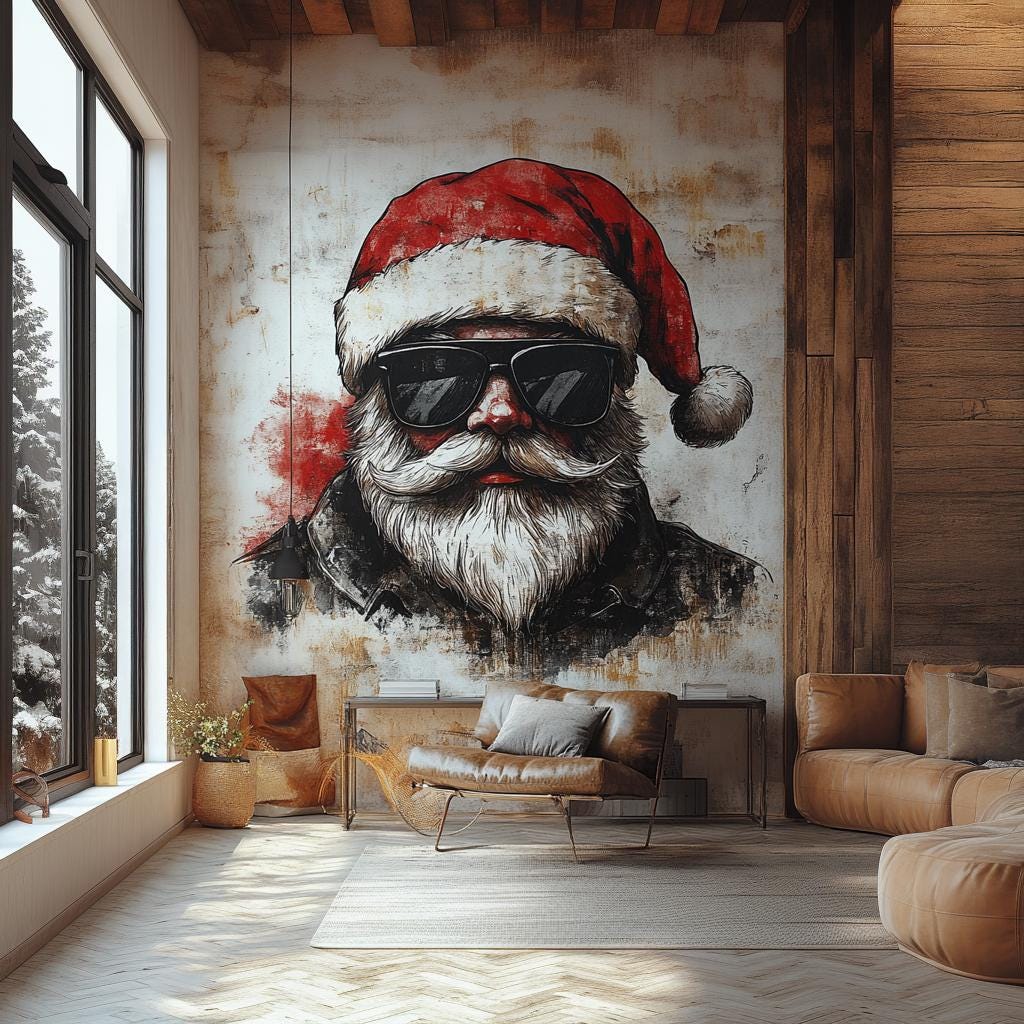 Biker Santa Wall Mural | Adventurous Christmas Decor | Santa on Motorcycle Wall Art | Unique Holiday Wall Sticker | Festive Statement Piece
