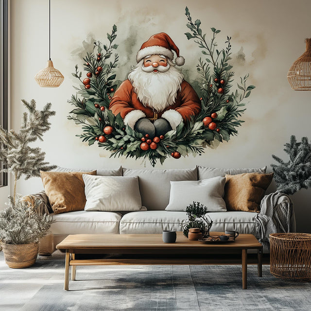 Santa Claus Wreath Wall Mural | Cozy Christmas Decal | Classic Holiday Wall Art | Festive Santa Evergreen Sticker Warm Holiday Decoration