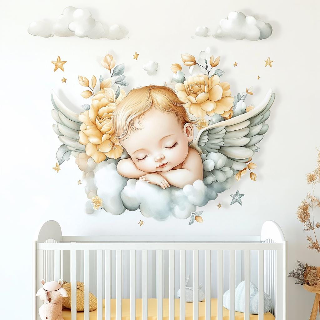 Angel Baby Wall Mural | Nursery Wall Decal with Flowers and Wings | Serene Baby Room Sticker Decor | Removable Vinyl Wall Art