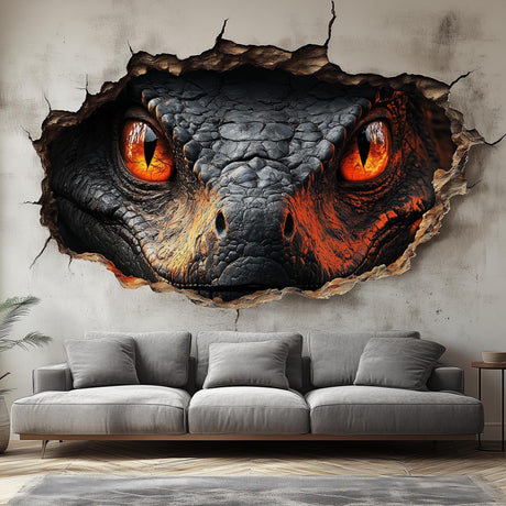 3D Fiery Dragon Wall Mural | Dragon Eyes Cracked Wall Sticker | Fantasy Wall Art Living Room | Kids Room Decor | Large Dragon Wall Decal