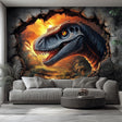 3D Dinosaur Wall Mural | Raptor Cracked Wall Decal | Sunset Jurassic Wall Art | Kids Room Dinosaur Decor | Prehistoric Dinosaur Wall Sticker