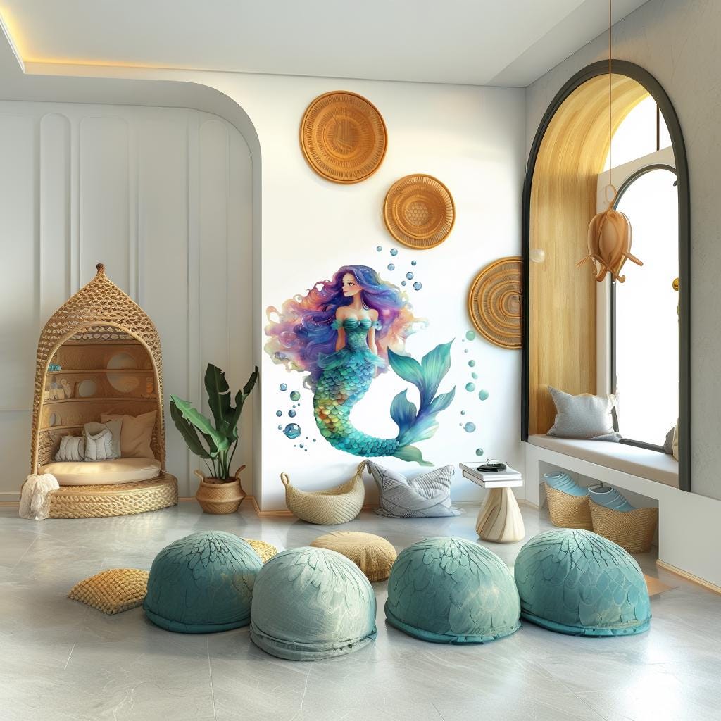 Beautiful Mermaid Wall Decal | Colorful 3D Ocean Theme Sticker | Girls Room Decor | Fantasy Vinyl Art for Kids Bedroom or Playroom