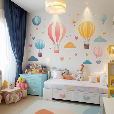 Hot Air Balloon Wall Decals | Whimsical Nursery Decor | Colorful Clouds and Hearts Stickers | Removable Balloons Kids Room Wall Art