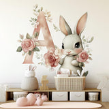 Personalized Bunny Wall Decal | Floral Monogram Letter A Nursery Decor | Custom Baby Room Wall Art | Removable Vinyl Sticker