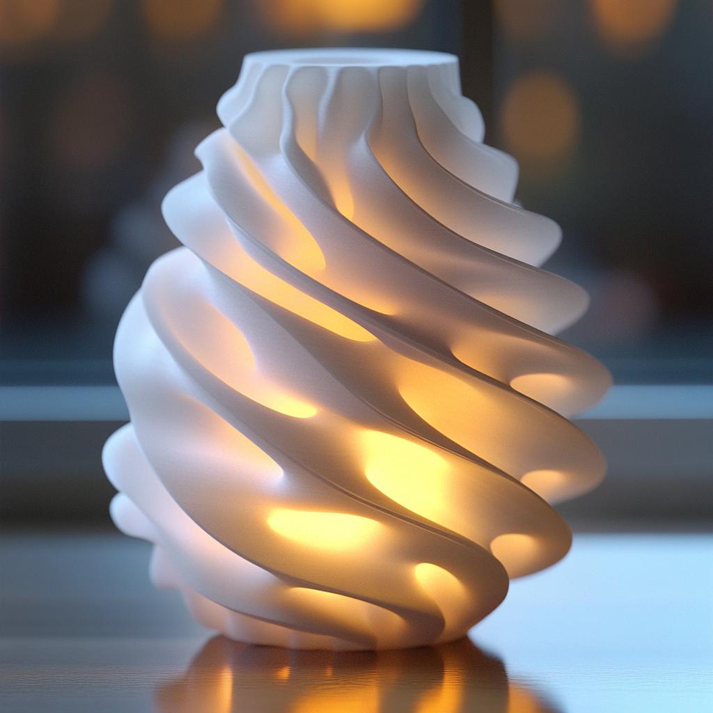 Elegant white 3D printed lamp with twisting design illuminating a warm glow, ideal for home decor.