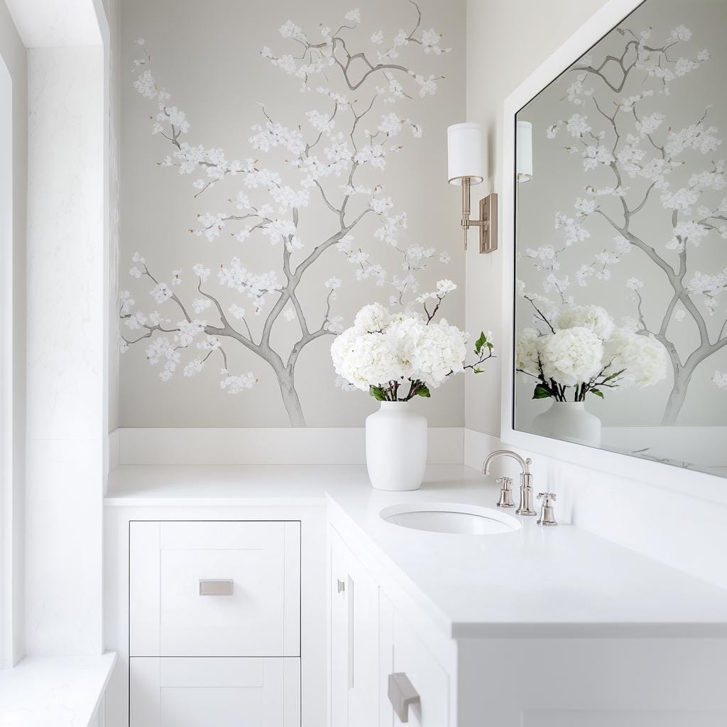 Chinoiserie Tree Wall Decal | Elegant Floral Vinyl Mural | Light Gray Blooming Branch Sticker | Classic Bathroom & Bedroom Decor