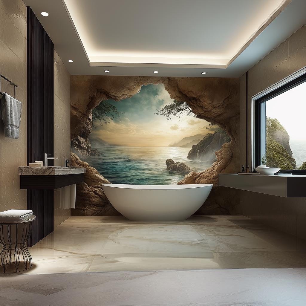 3D Ocean Cave Wall Mural | Luxury Bathroom Wallpaper | Waterproof Peel & Stick Wall Art | Tropical Seascape Vinyl Decal | Spa Home Decor