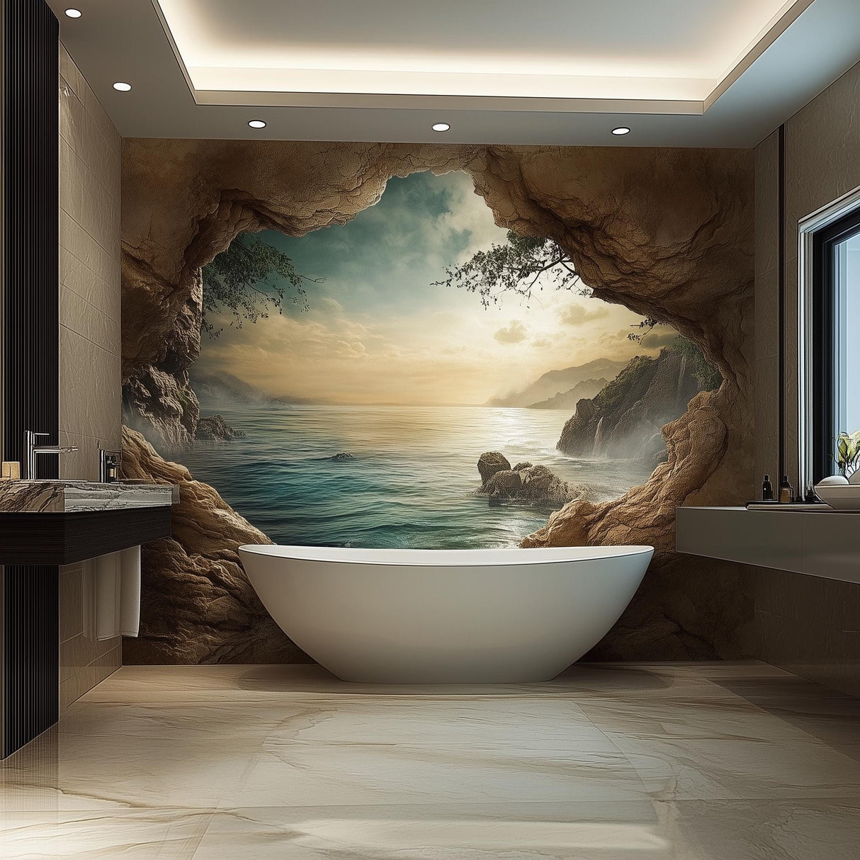 3D Ocean Cave Wall Mural | Luxury Bathroom Wallpaper | Waterproof Peel & Stick Wall Art | Tropical Seascape Vinyl Decal | Spa Home Decor