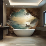 3D Ocean Cave Wall Mural | Luxury Bathroom Wallpaper | Waterproof Peel & Stick Wall Art | Tropical Seascape Vinyl Decal | Spa Home Decor
