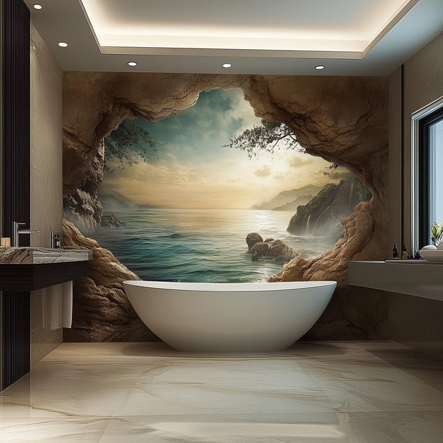 3D Ocean Cave Wall Mural | Luxury Bathroom Wallpaper | Waterproof Peel & Stick Wall Art | Tropical Seascape Vinyl Decal | Spa Home Decor