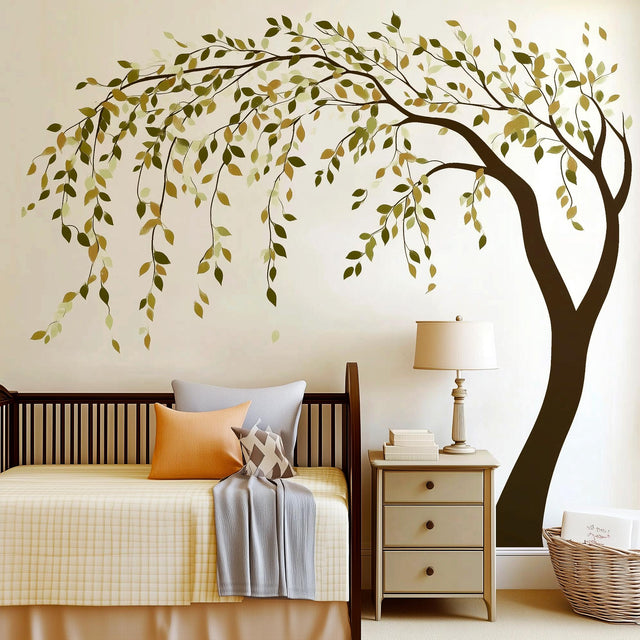 Weeping Willow Tree Wall Sticker | Nursery Wall Art Decal for Baby Girls | Falling Leaves Removable Vinyl Decor | Nursery Room Decals