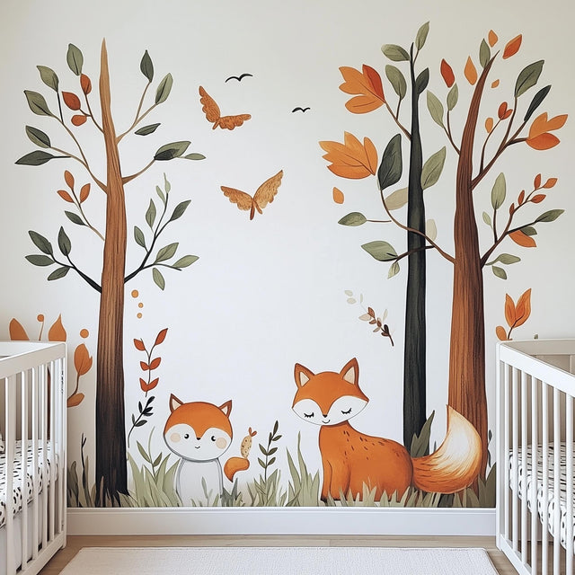 Forest Fox Wall Decal | Woodland Nursery Wall Sticker Art | Removable Sticker with Trees and Animals | Baby Room Decor